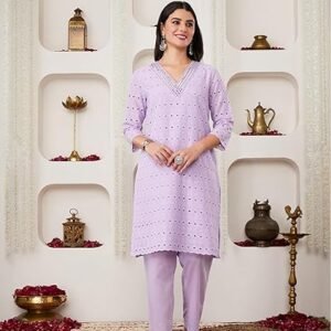 Women Schiffli Embroidery Kurta Pant Co-Ord Set