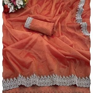 Peach mode Stone Work Embroidered Twill Gold Net Saree